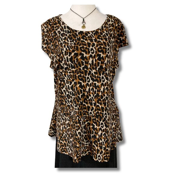 Jessica Tops - JESSICA Vintage leopard print short-sleeve flared peplum top ~  LARGE XL shirt